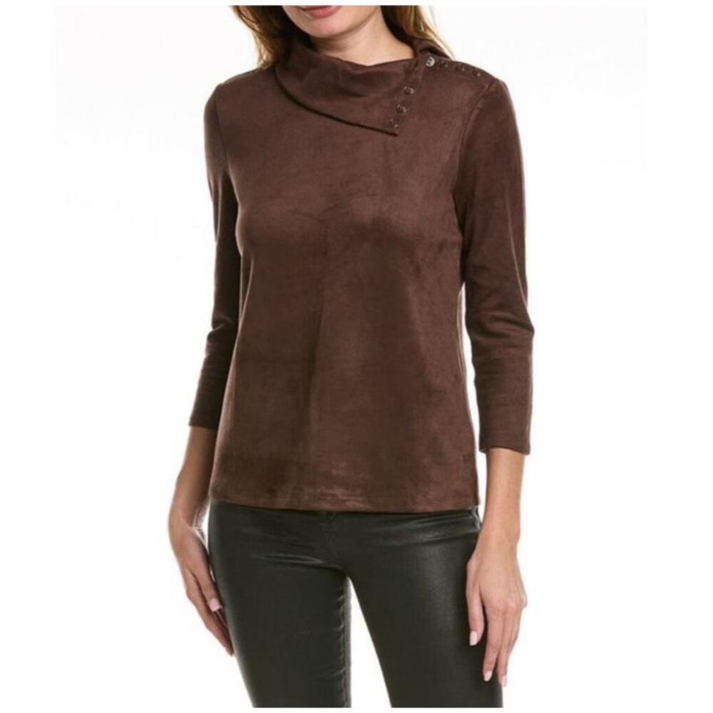 J.McLaughlin Clio Faux Suede Button Cowl Neck Blouse Top Chocolate Brown XS